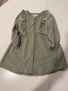 Btween Girls' Olive Green Ruffle Front Button Dress